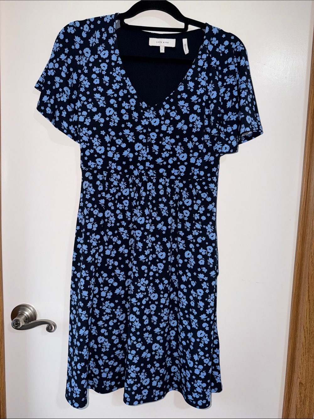 Lark & Ro Navy with Light Blue Floral V-Neck Mini Dress
